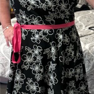 Floral Black Dress with Pink Sash